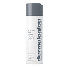 Dermalogica Oil To Foam Total Cleanser bottle shows gel-oil texture ideal for makeup removal.