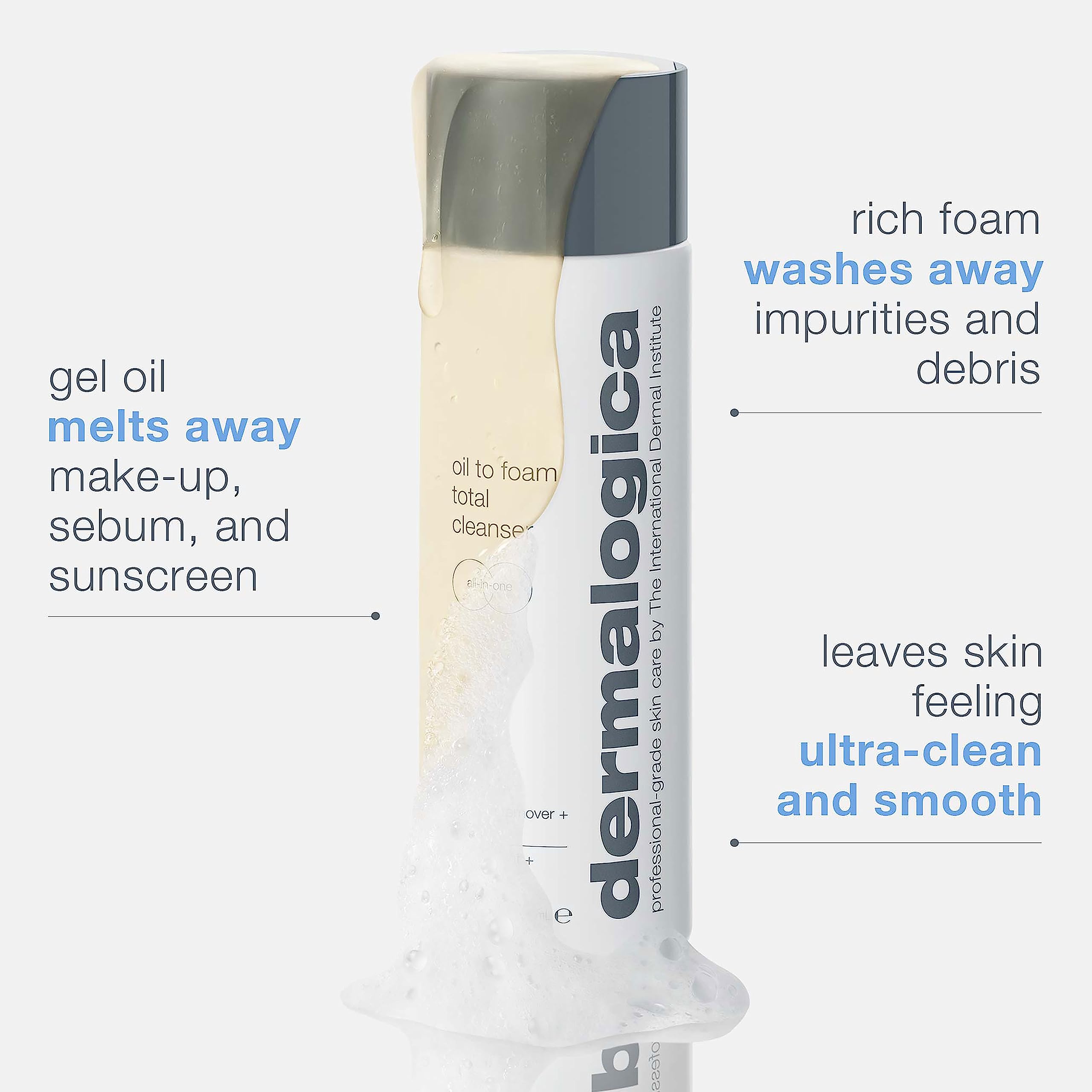 Dermalogica Oil To Foam Total Cleanser gel oil layer shown, emphasizing makeup-dissolving action.