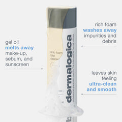 Dermalogica Oil To Foam Total Cleanser gel oil layer shown, emphasizing makeup-dissolving action.