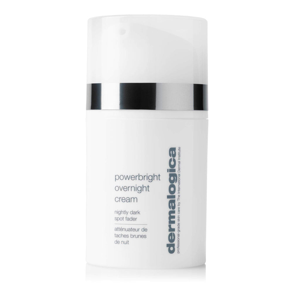 Dermalogica PowerBright Overnight Cream bottle demonstrates nighttime hydration for brighter skin.