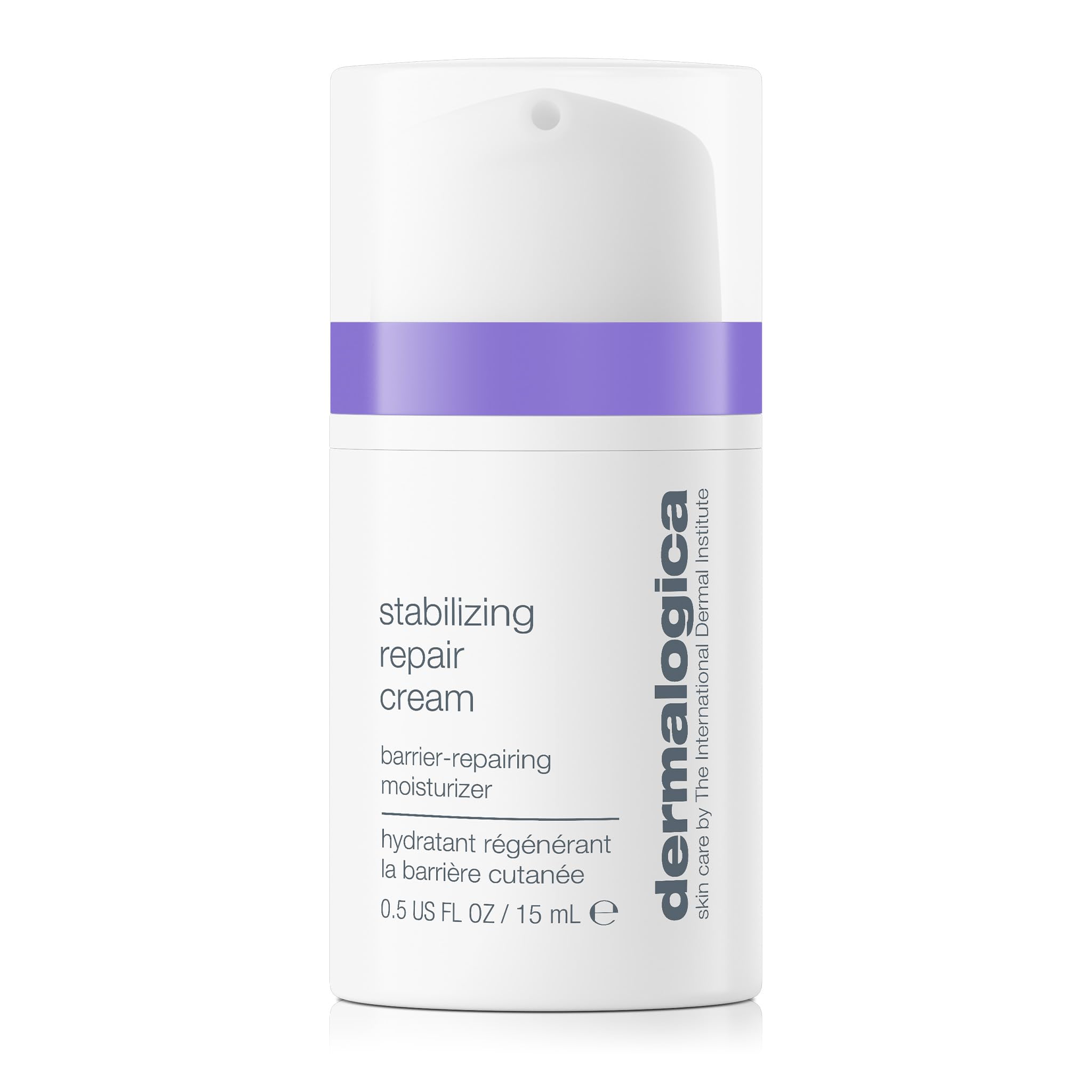 Dermalogica Stabilizing Repair Cream bottle close-up showing soothing hydration for sensitive skin.