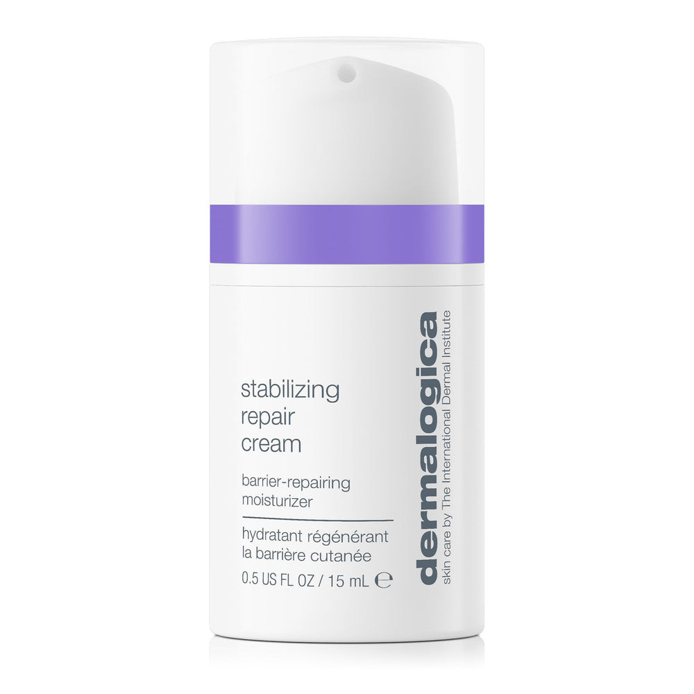 Dermalogica Stabilizing Repair Cream bottle close-up showing soothing hydration for sensitive skin.