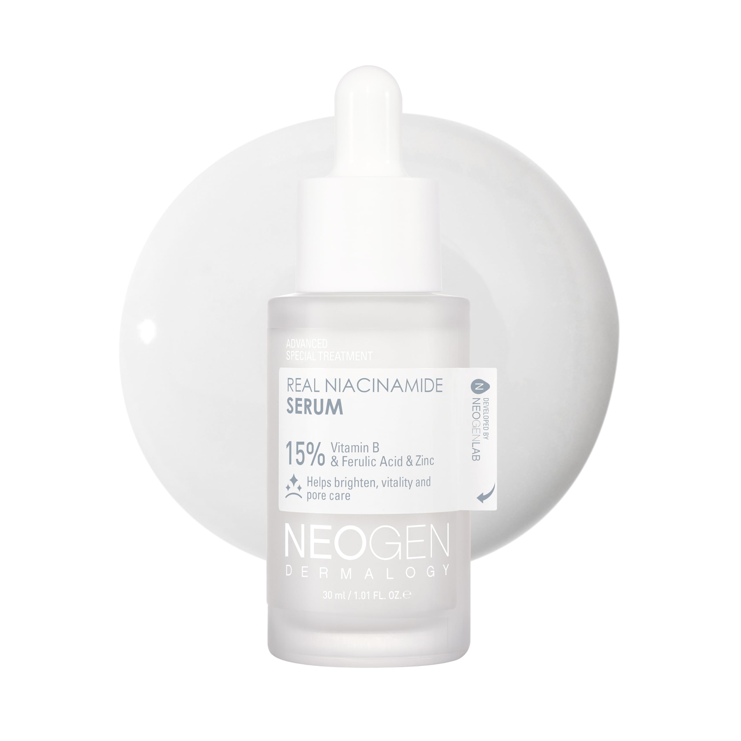 DERMALOGY by NEOGEN Real 15% Niacinamide Serum bottle closeup for radiant, hydrated skin