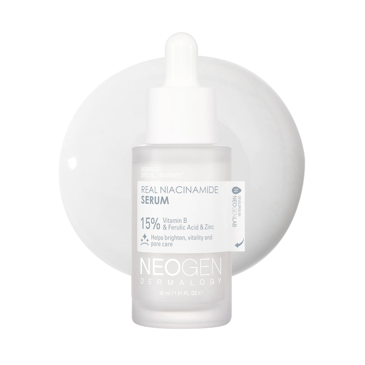 DERMALOGY by NEOGEN Real 15% Niacinamide Serum bottle closeup for radiant, hydrated skin