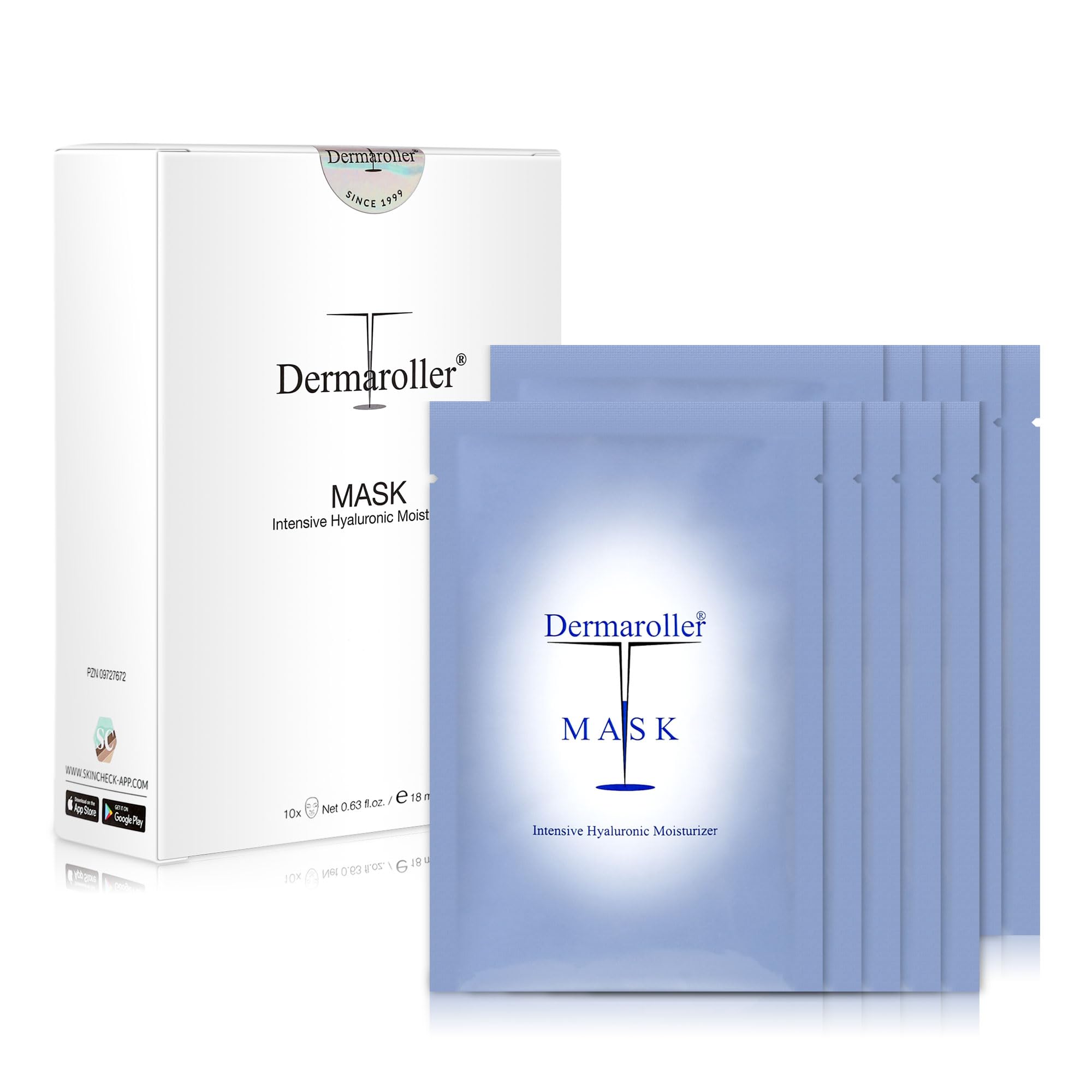Dermaroller hydrating face mask 10pack packaging highlights premium hydration.