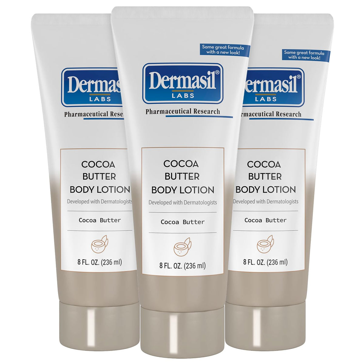 Dermasil Cocoa Butter Lotion 3-pack front view for easy everyday moisturization