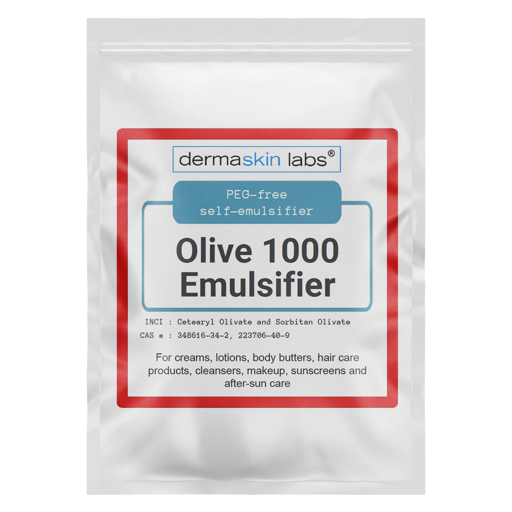 Dermaskin Labs Olive 1000 emulsifier bottle shows a clean plant-based skincare base