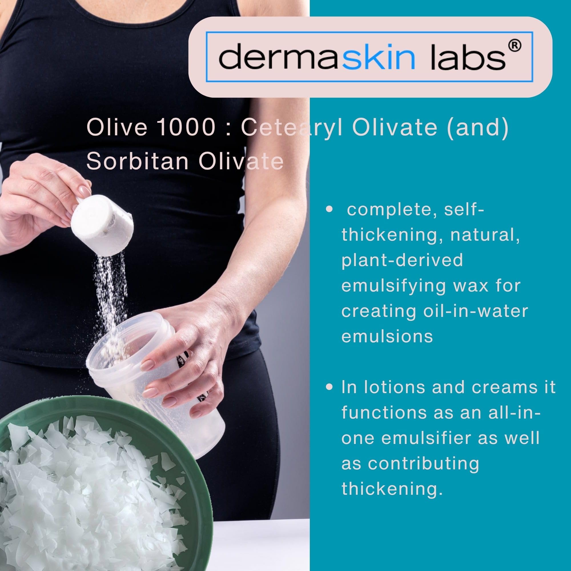 Dermaskin Labs Olive 1000 emulsifier label close-up highlights COSMOS vegan status