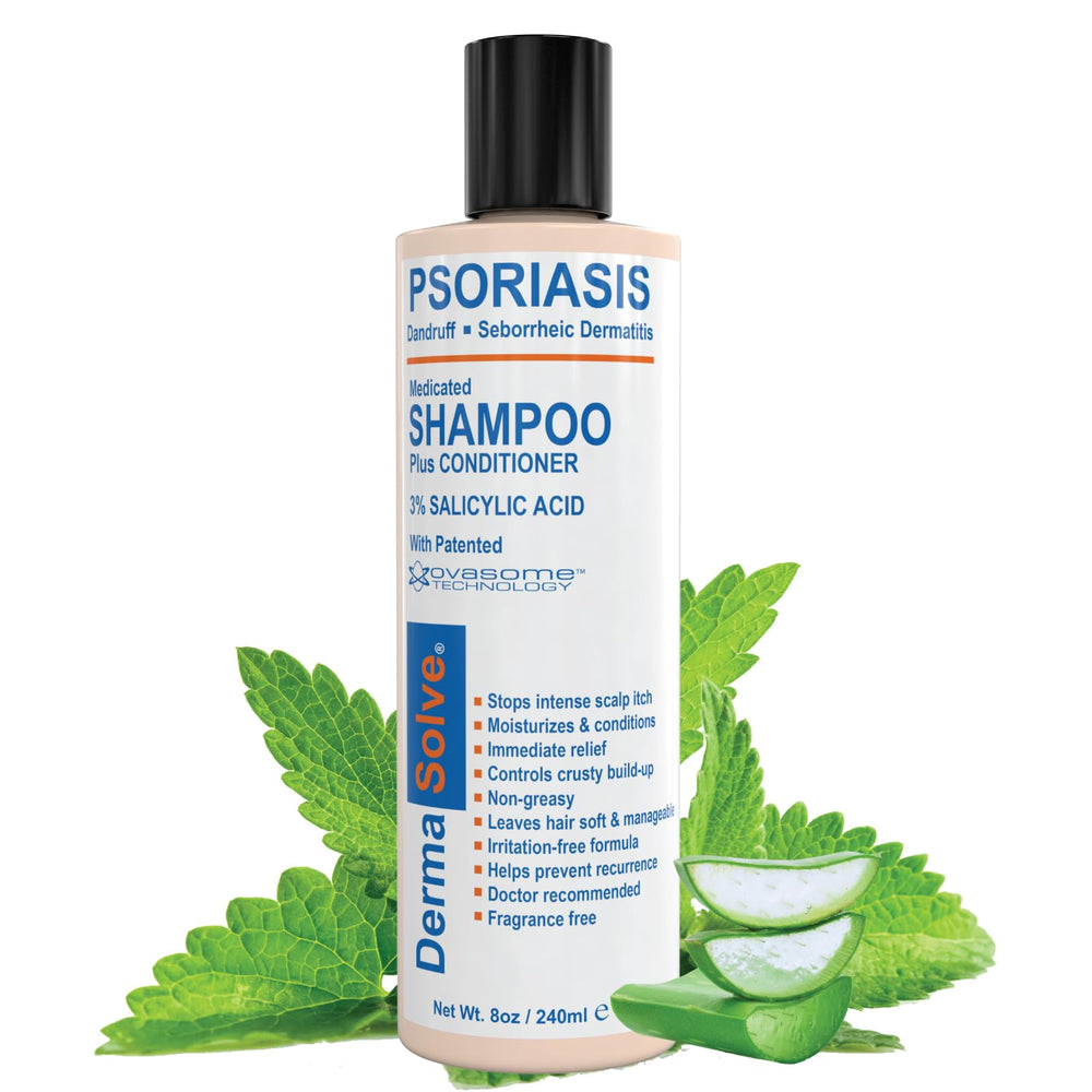 Dermasolve psoriasis shampoo bottle demonstrates fragrance-free, gentle formula for irritated scalps