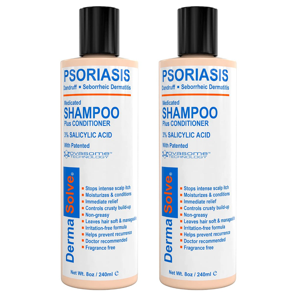 Dermasolve scalp psoriasis shampoo bottle shows medicated relief for itchy, flaky scalp.