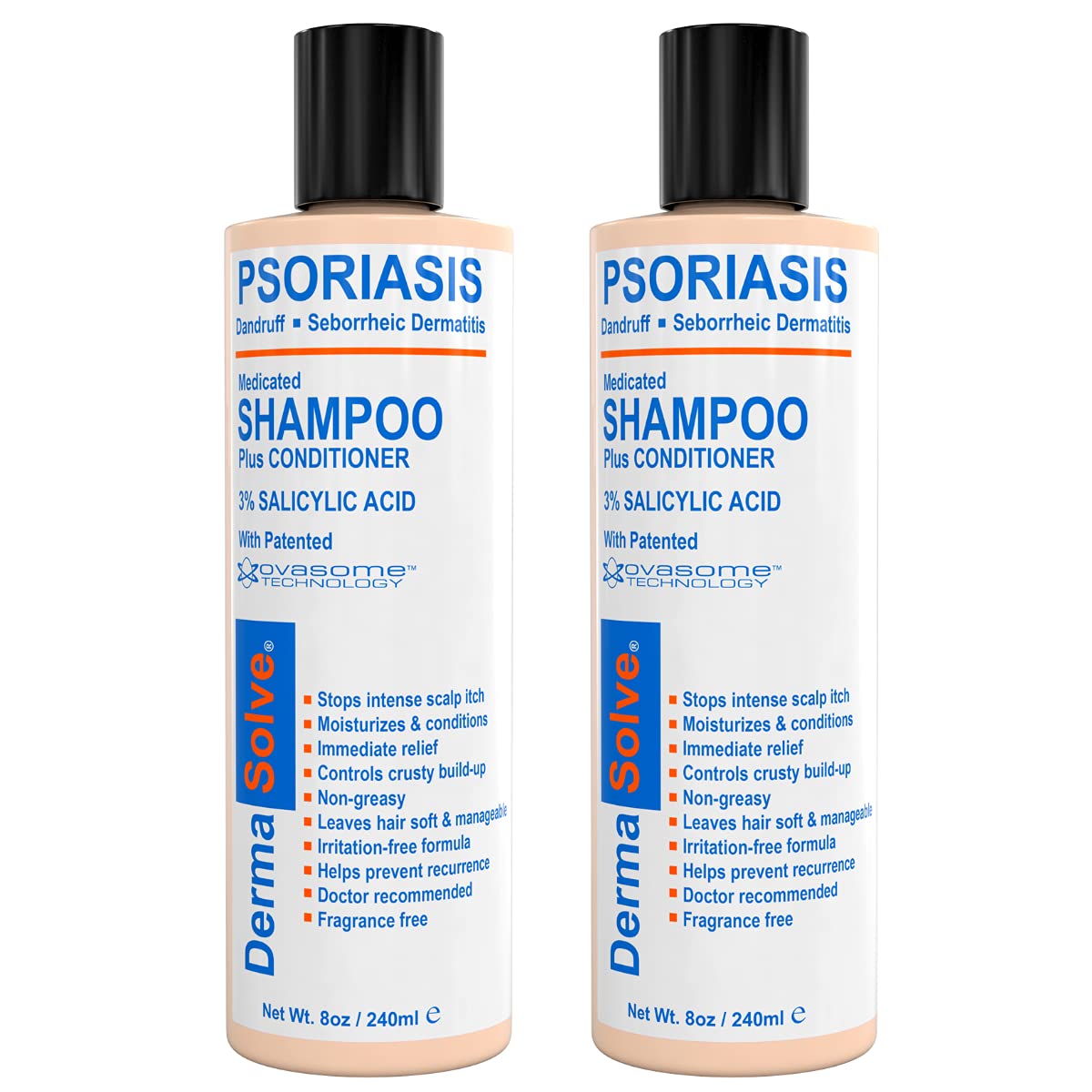 Dermasolve scalp psoriasis shampoo bottle shows medicated relief for itchy, flaky scalp.