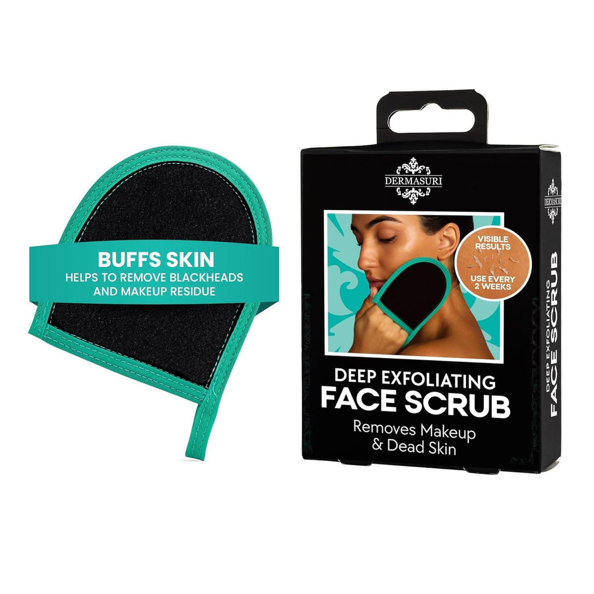 Dermasuri deep exfoliating face mitt front view with premium texture for gentle exfoliation.