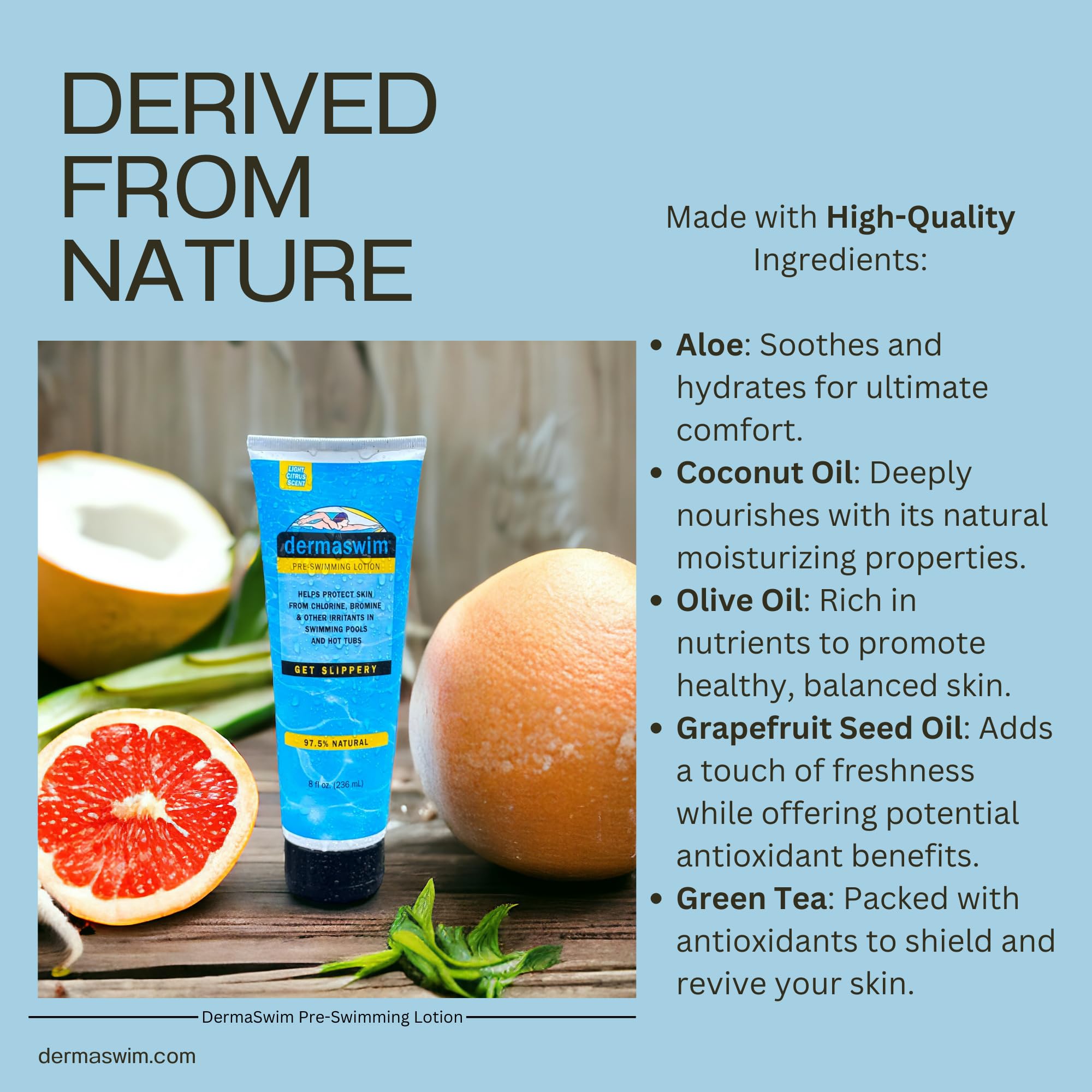 DermaSwim aloe and green tea formulation highlighted for soothing and nourishing skin