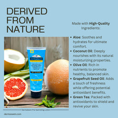 DermaSwim aloe and green tea formulation highlighted for soothing and nourishing skin