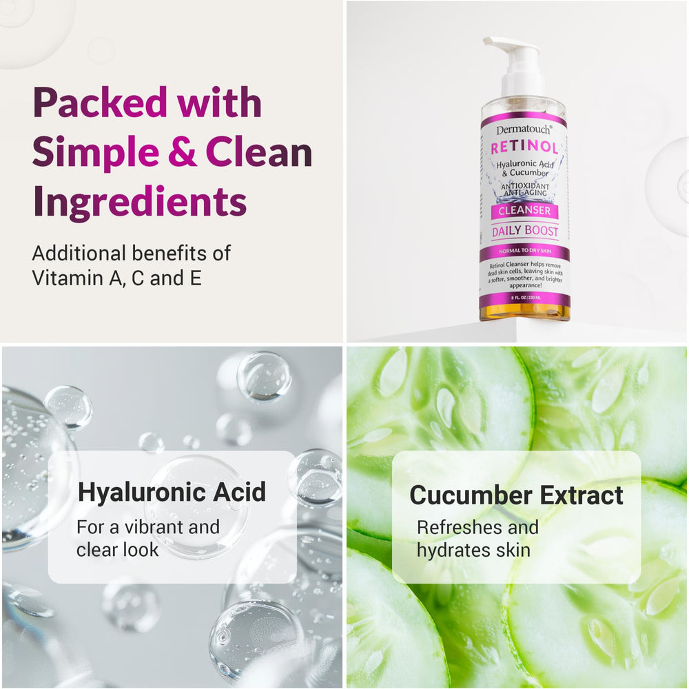 DERMATOUCH Retinol cleanser with cucumber suggests gentle cleansing and soothing use.