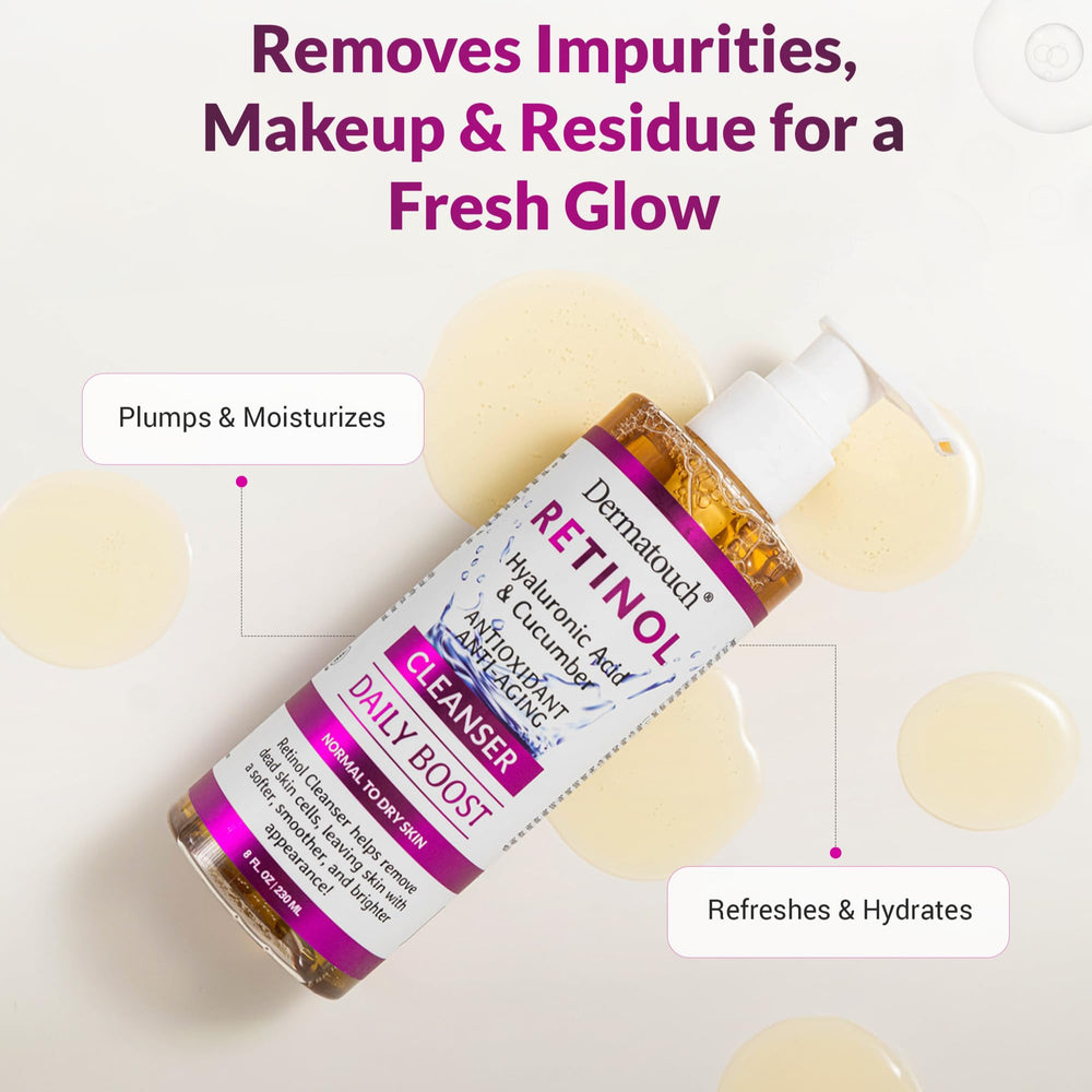 DERMATOUCH Retinol cleanser with hyaluronic acid highlights hydration benefits.