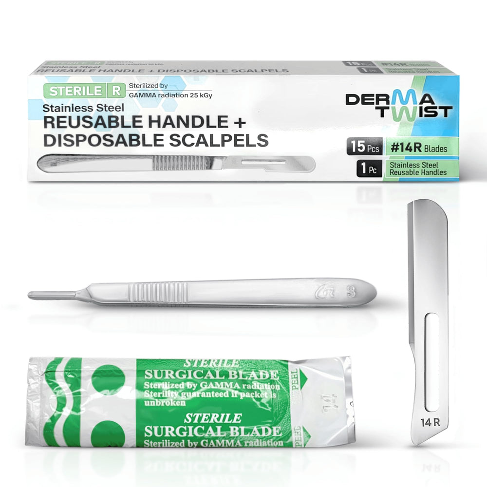 DermaTwist 14R dermaplane razor close-up shows precise peach fuzz removal for smoother skin.