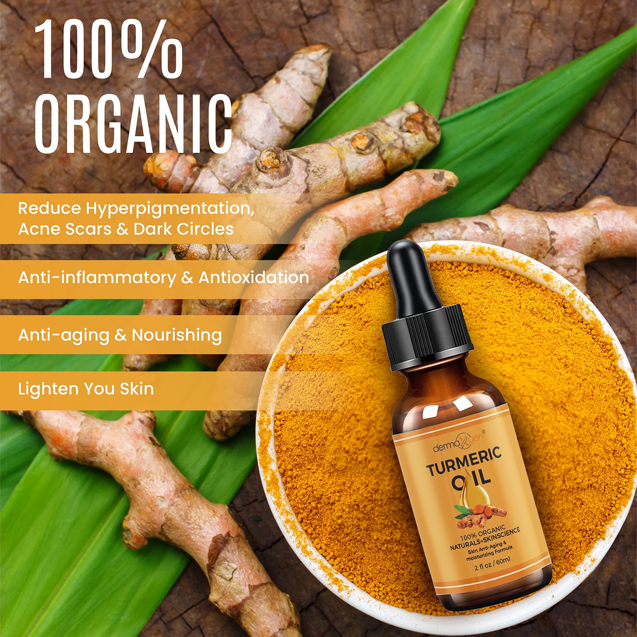 DERMAXGEN Organic Turmeric Oil amber-gold liquid close-up highlighting nutrient-rich formula.