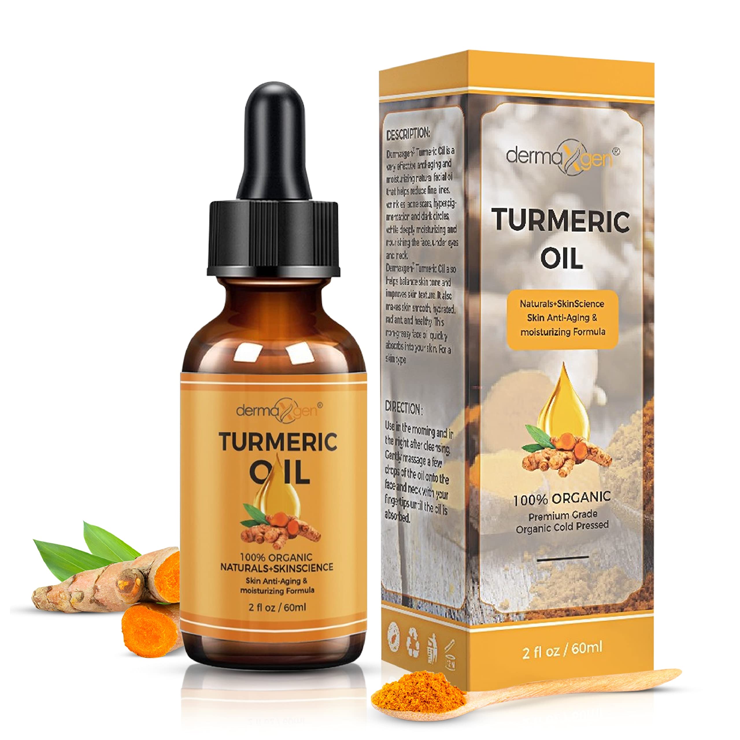 DERMAXGEN Organic Turmeric Oil bottle for daily hydration and radiant glow.