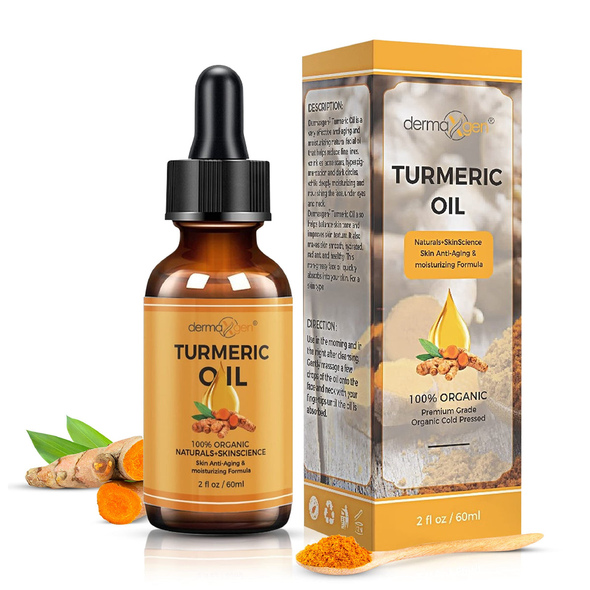 DERMAXGEN Organic Turmeric Oil bottle for daily hydration and radiant glow.