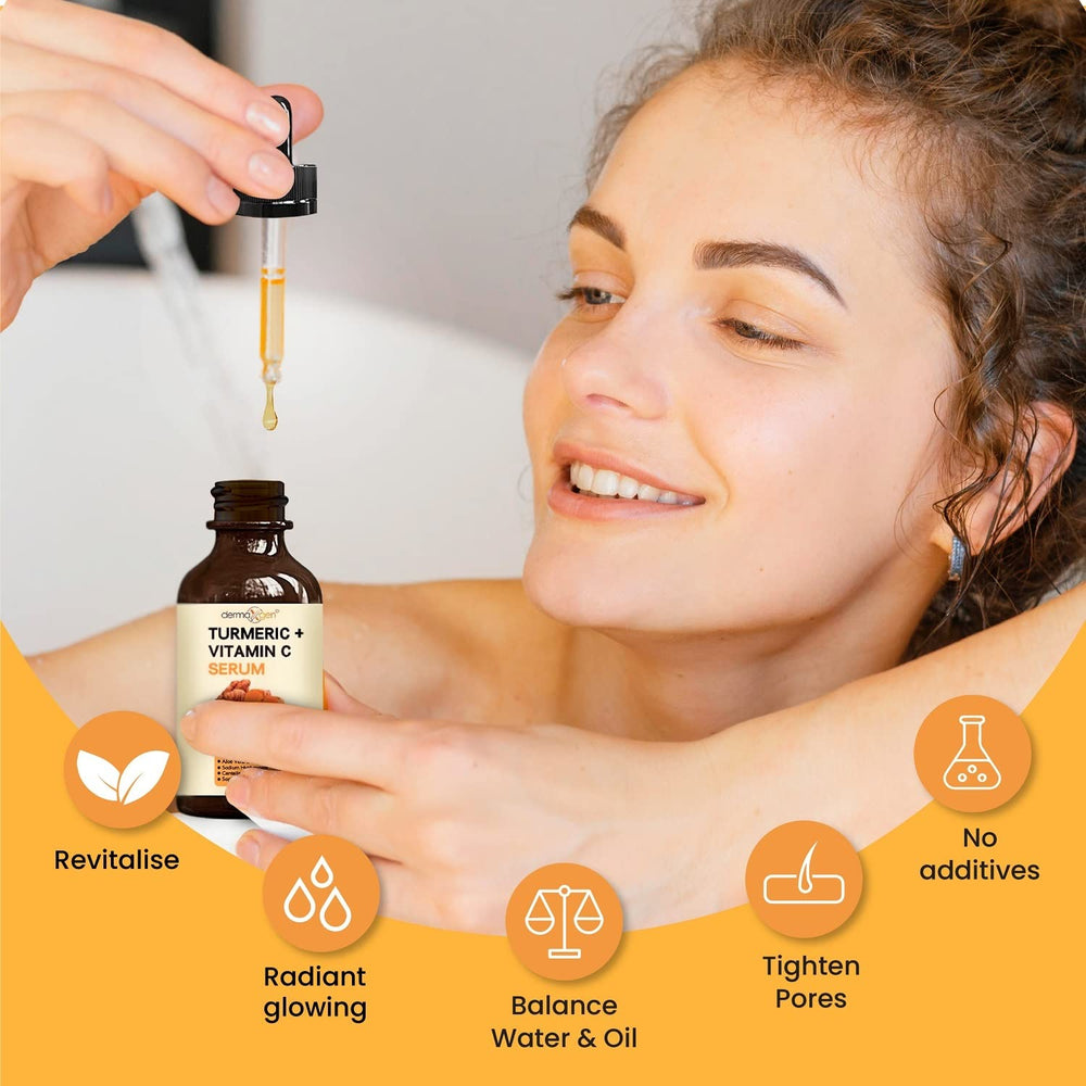 DERMAXGEN Turmeric + Vitamin C Serum application on skin suggests gentle daily use
