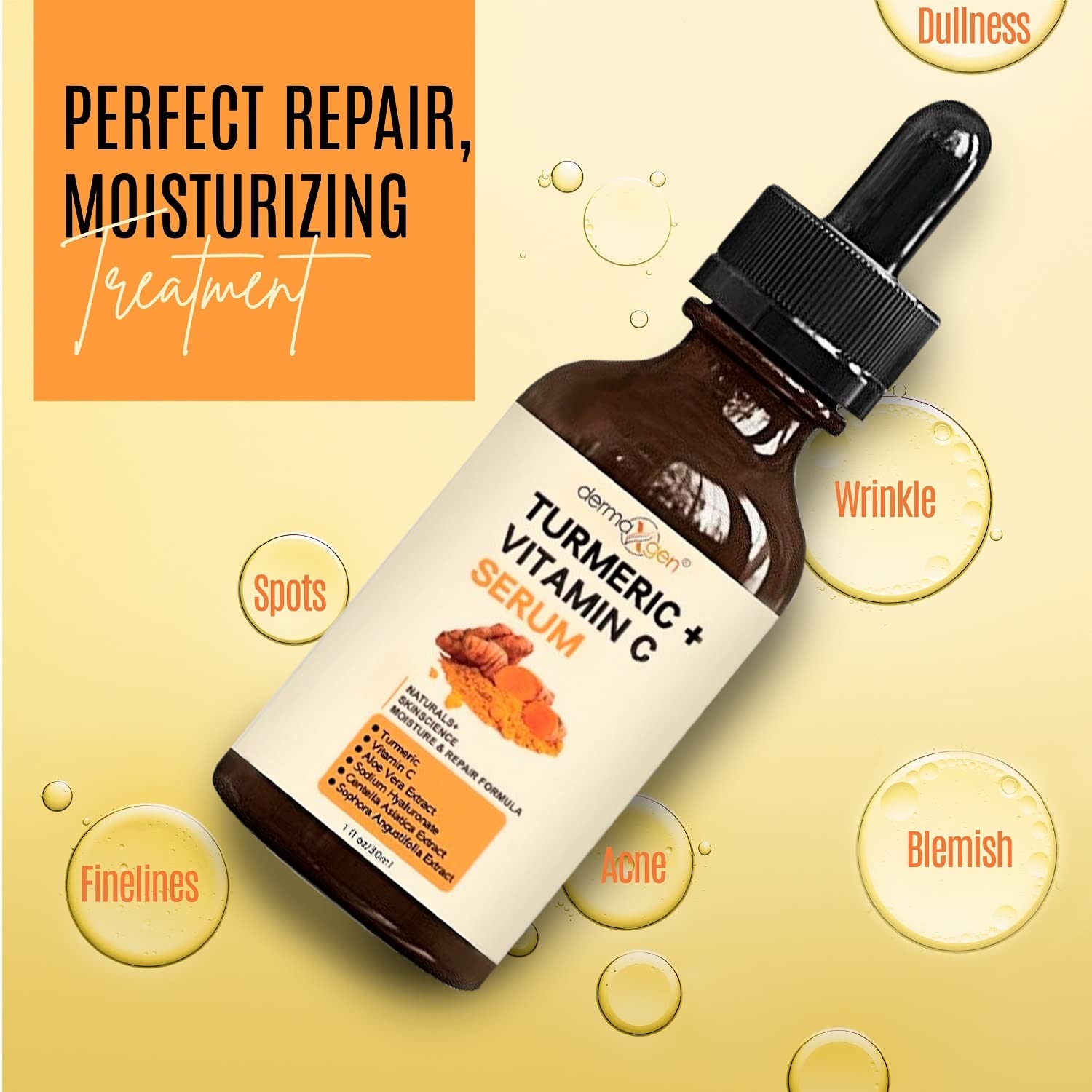 DERMAXGEN Turmeric + Vitamin C Serum dropper closeup highlights antioxidant-rich formula