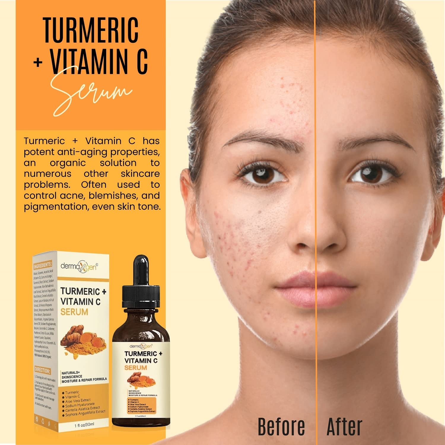 DERMAXGEN Turmeric + Vitamin C Serum ingredients illustration emphasizes aloe and hyaluronic acid