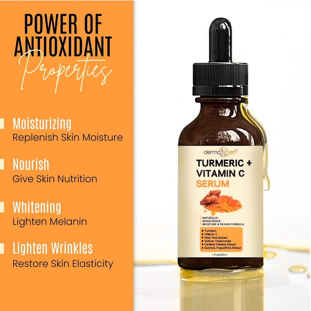 DERMAXGEN Turmeric + Vitamin C Serum label detail signals organic ingredients and premium quality