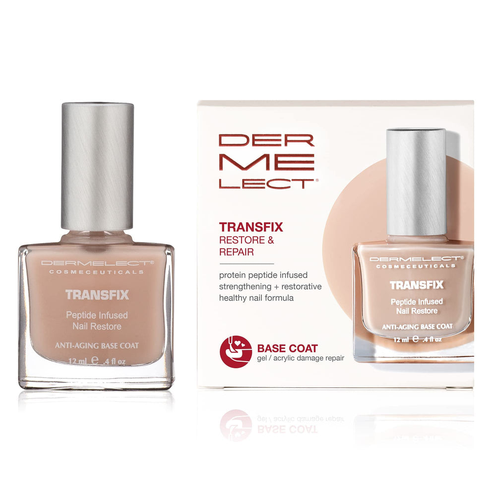 Dermelect Transfix base coat bottle with sheer nude finish concealing imperfections for healthier-looking nails.