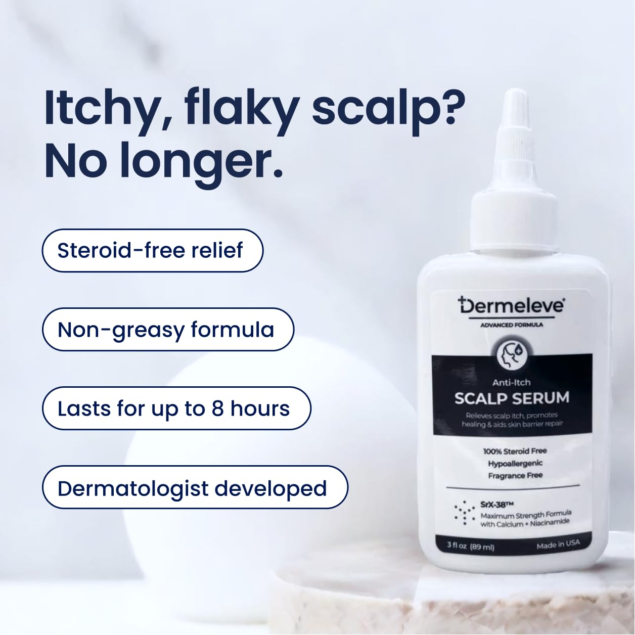 Dermeleve scalp serum applied to scalp base of hair follicles for focused relief.