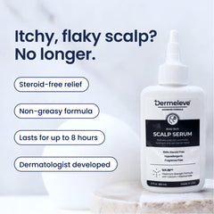 Dermeleve scalp serum applied to scalp base of hair follicles for focused relief.