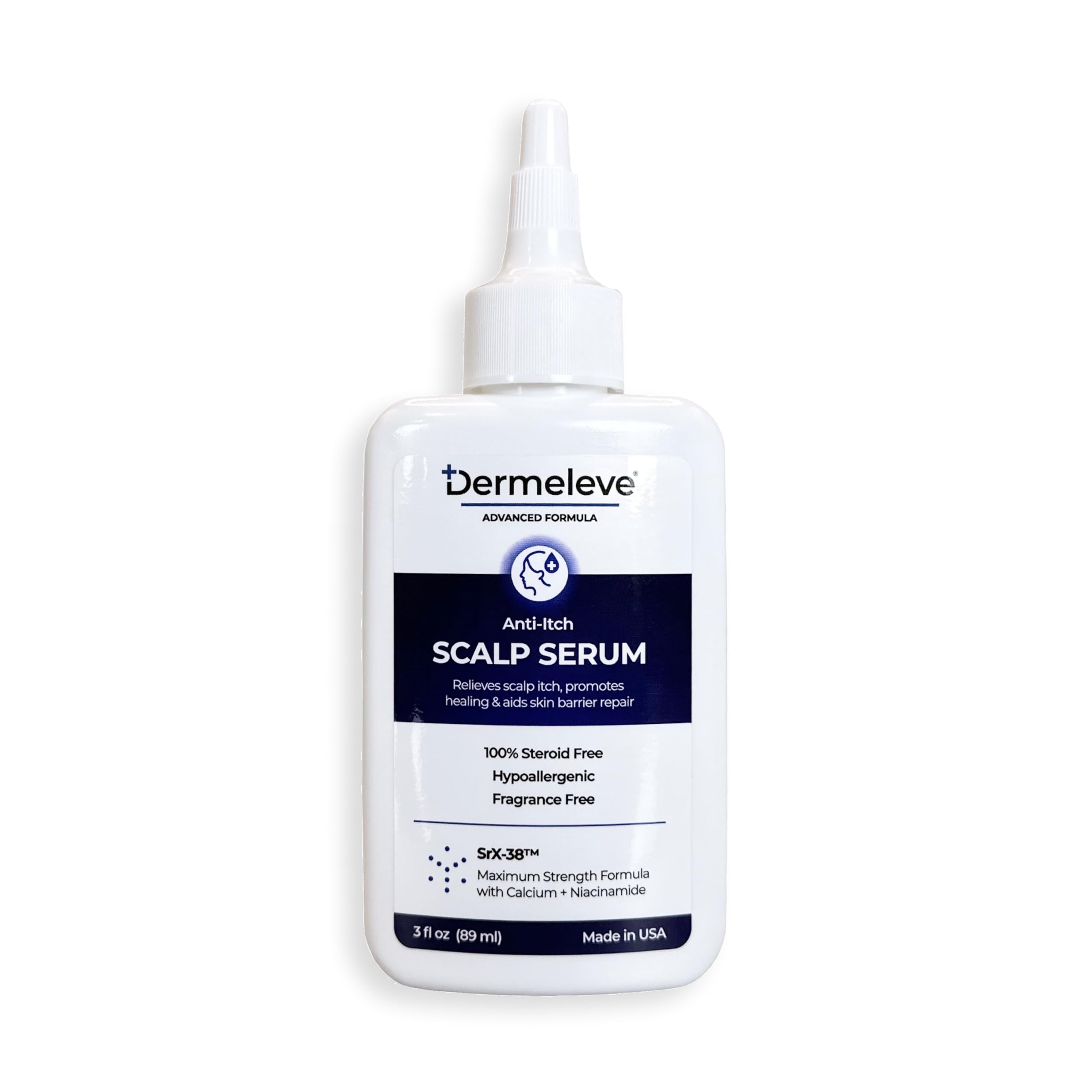Dermeleve scalp serum flow-control nozzle enables precise dosing for targeted scalp care.