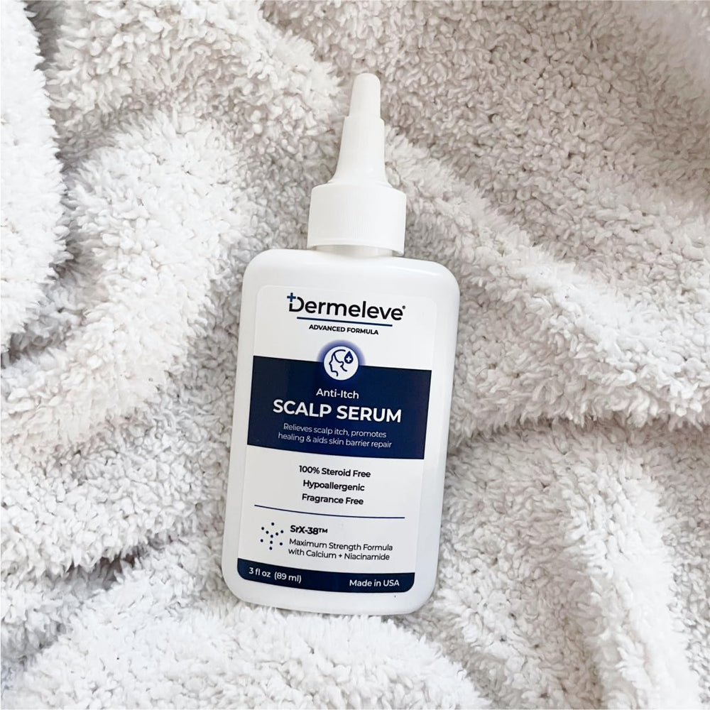 Dermeleve scalp serum contains minerals and niacinamide to support skin barrier health.