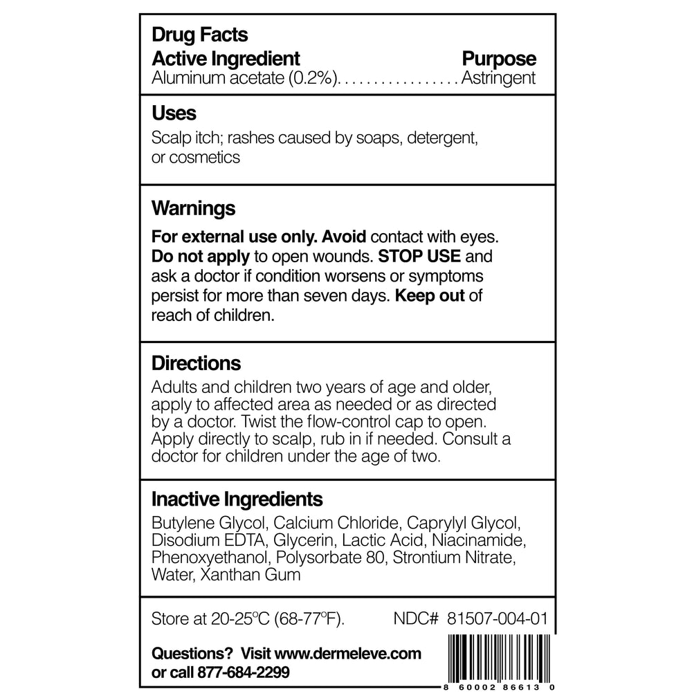 Dermeleve scalp serum packaging includes clear safety and usage guidance for home care.