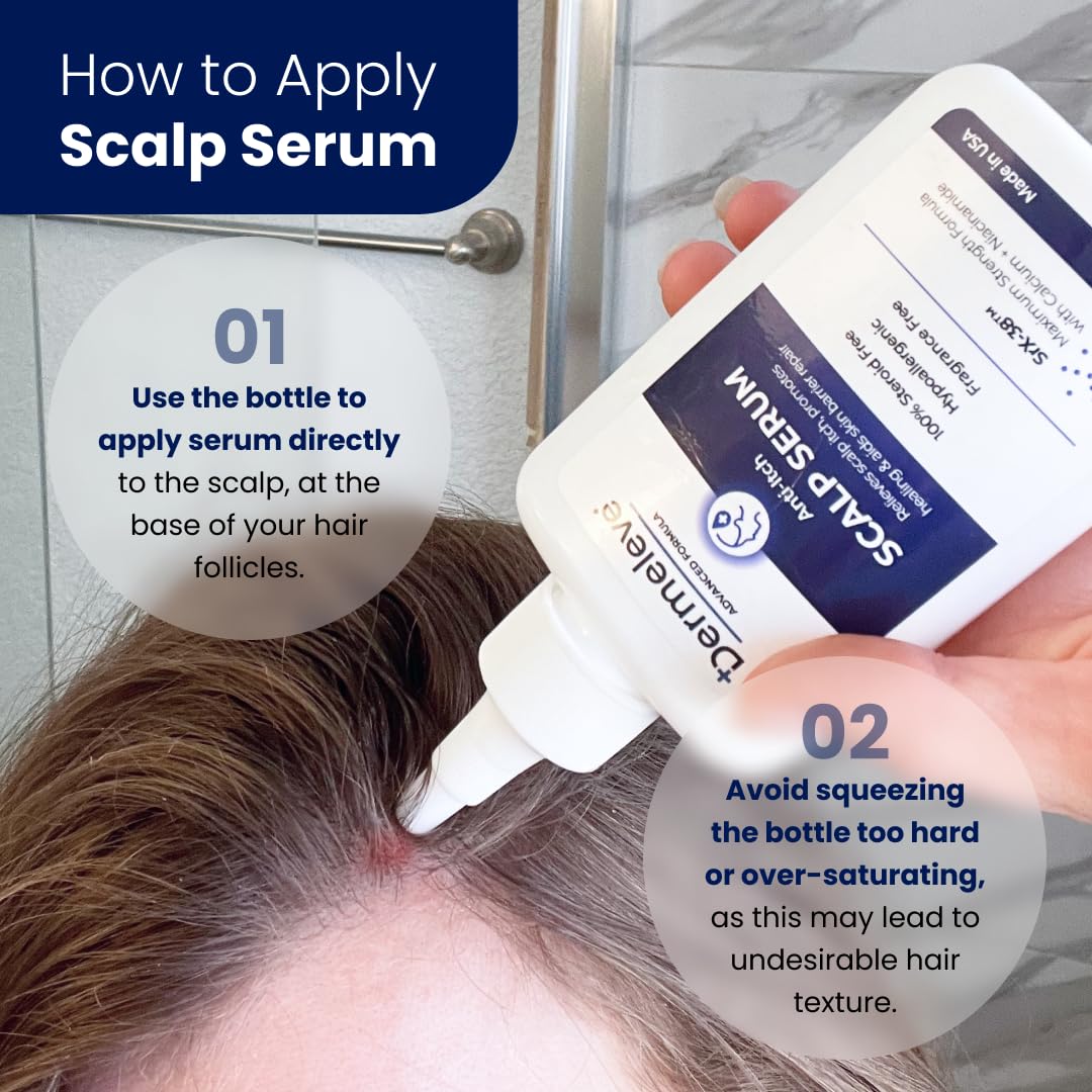 Dermeleve scalp serum quickly absorbs with a non-greasy feel for clean-looking hair.