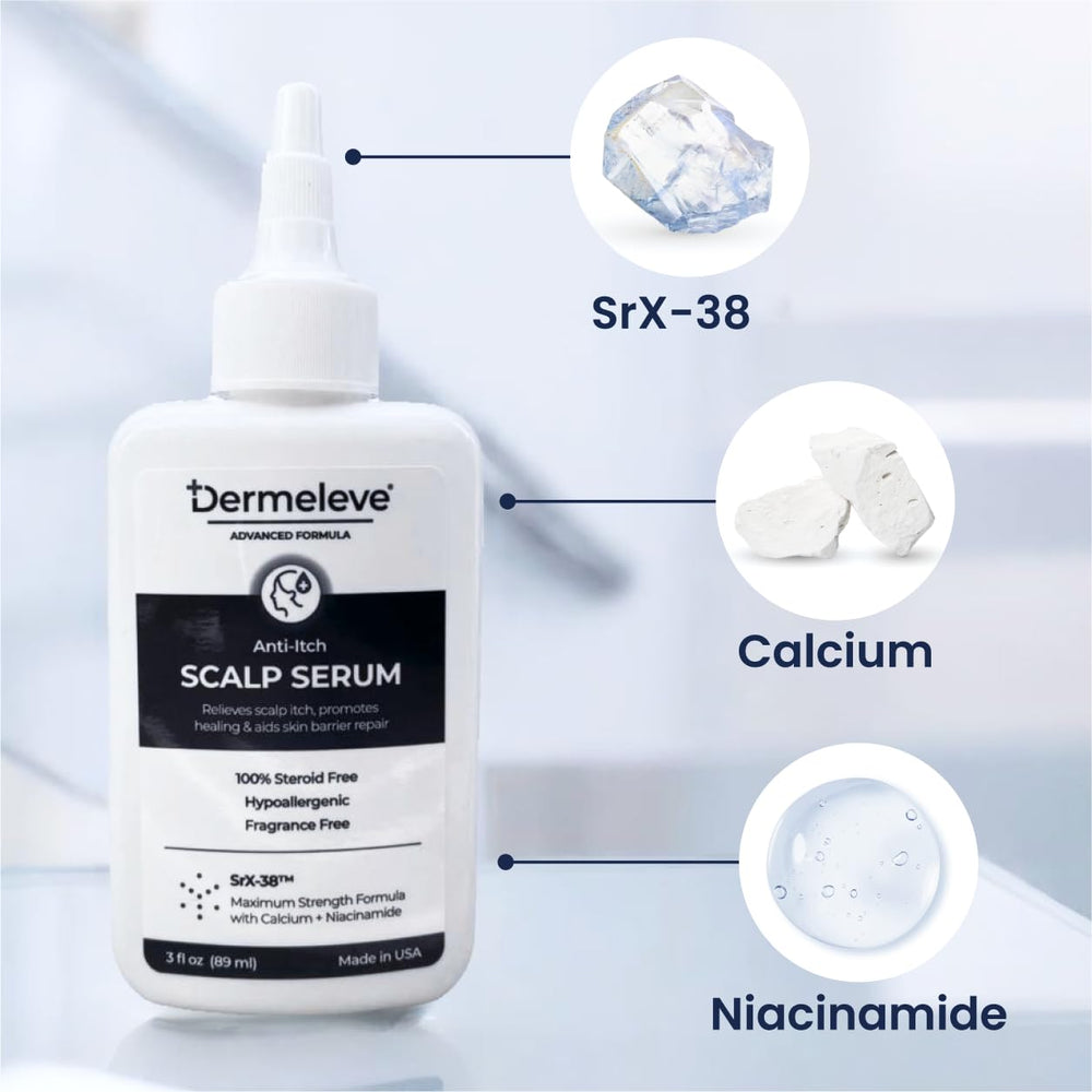 Dermeleve scalp serum shows its steroid-free formula for safe scalp care.