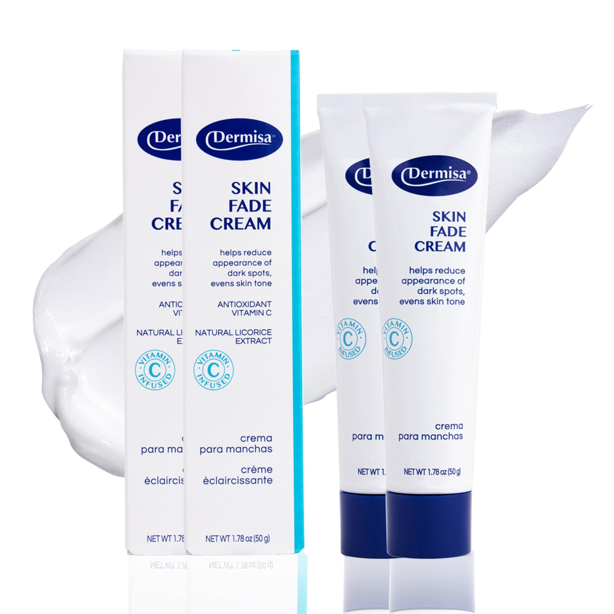 Dermisa Skin Fade Cream jar shows creamy texture for smooth, even skin.