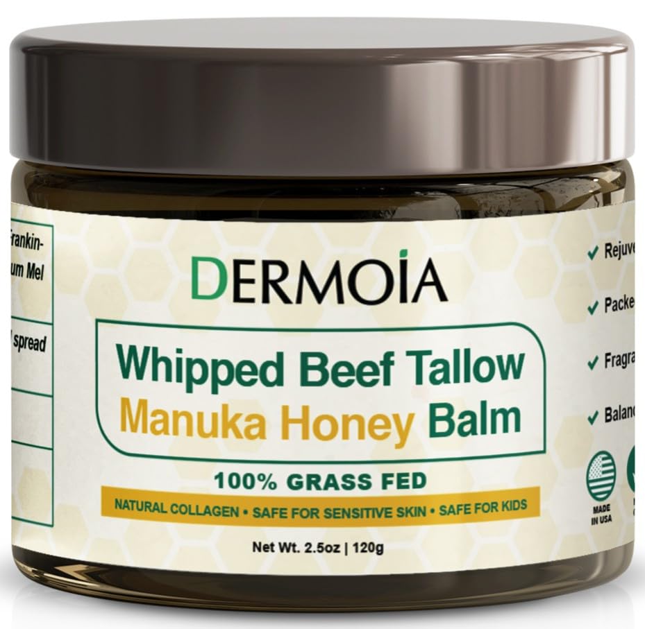 DERMOIA Grass-Fed Whipped Tallow Face Balm jar ready for deep hydration on dry skin.