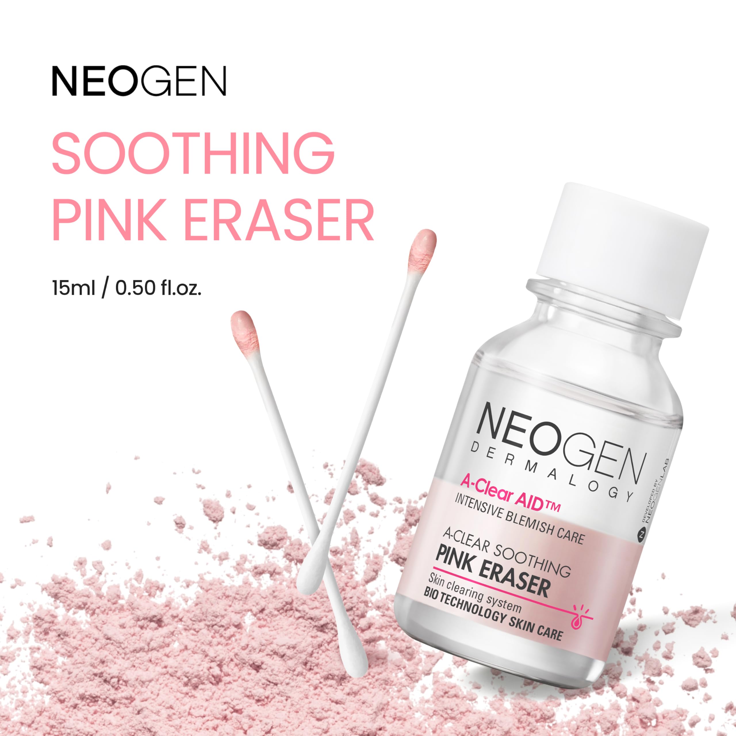 NEOGEN A-Clear pink calamine powder layer being dispensed for blemish relief.