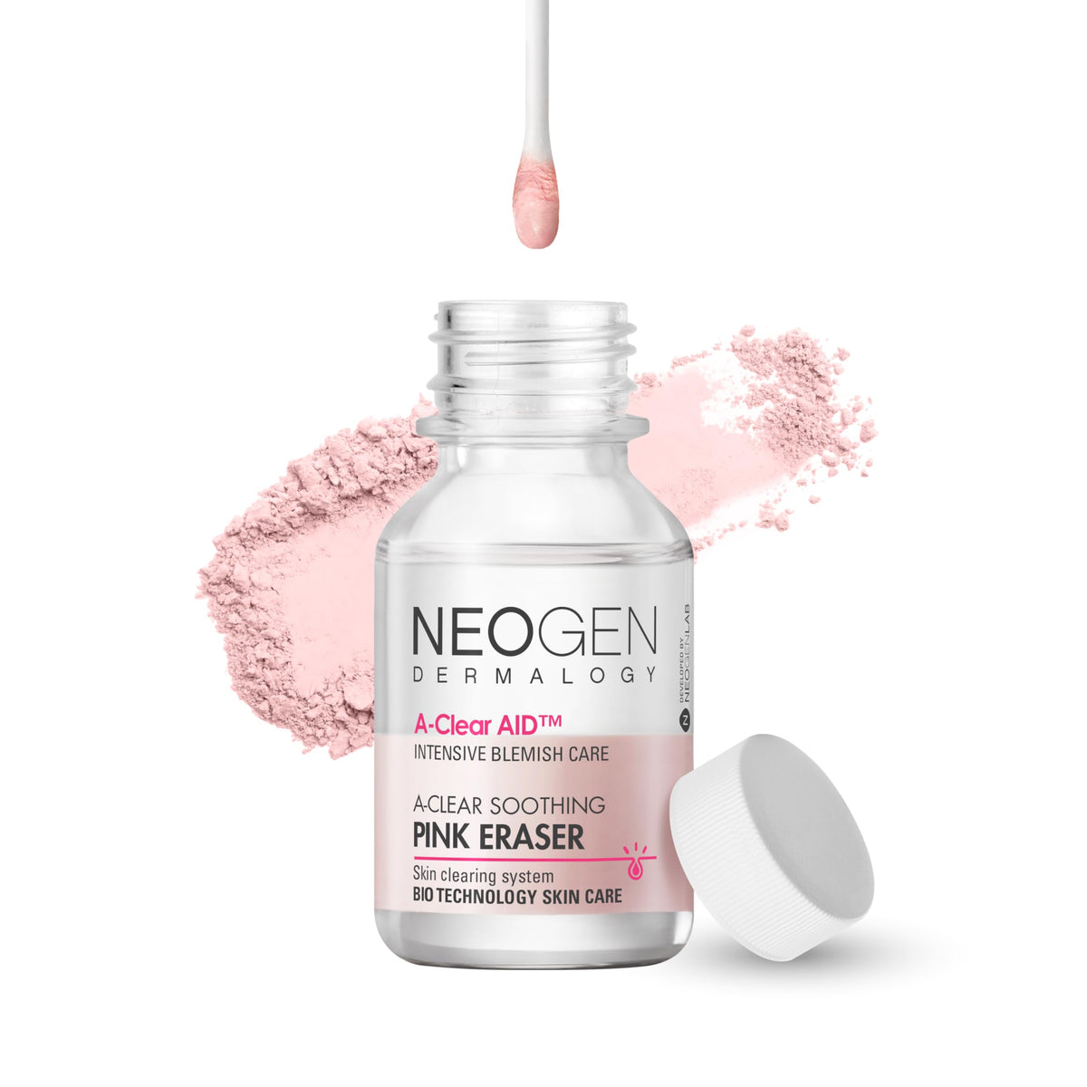 DERMALOGY by NEOGENLAB A-Clear pink eraser jar close-up for blemish spot relief.