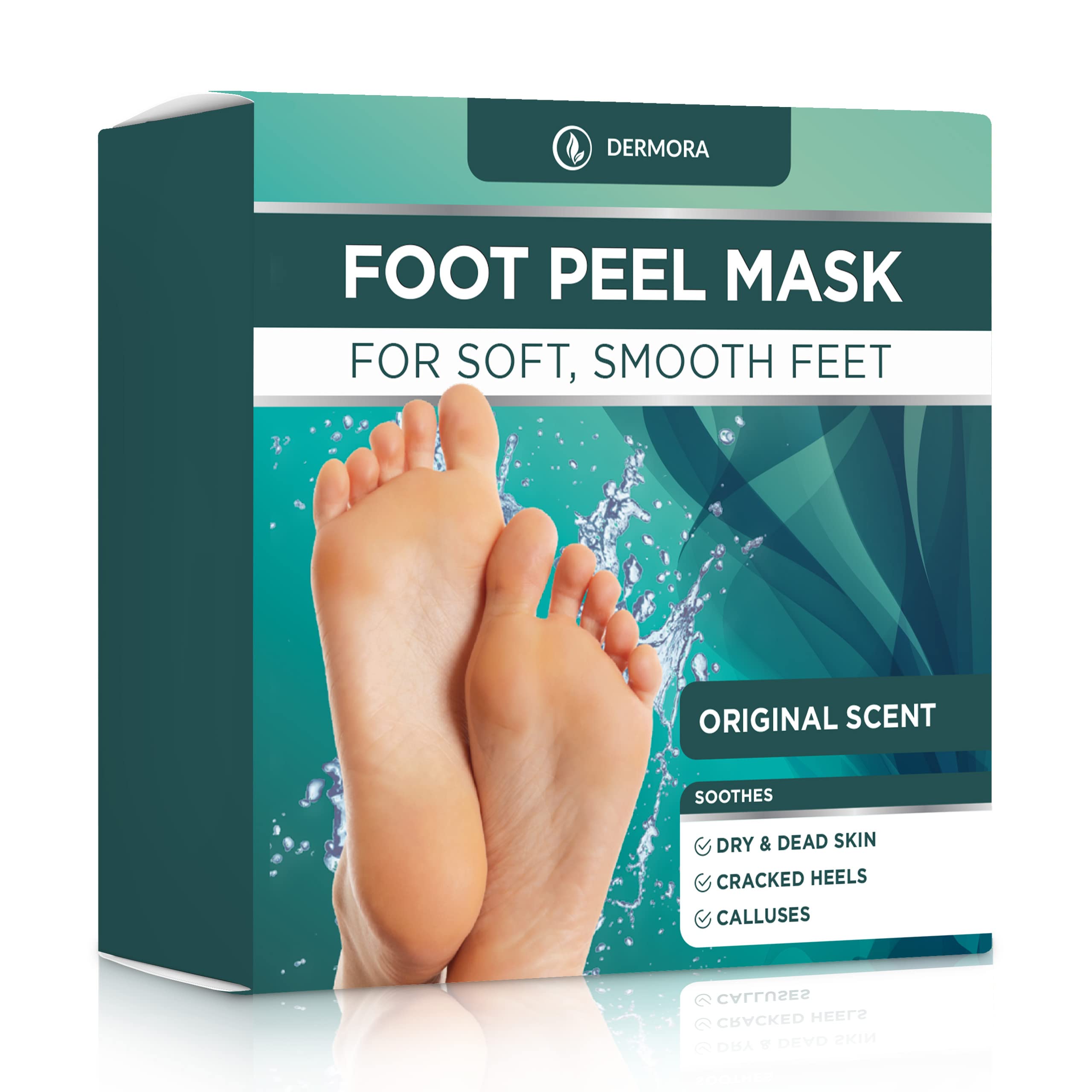 DERMORA Foot Peel Mask packaging shows two-pack box for at-home care