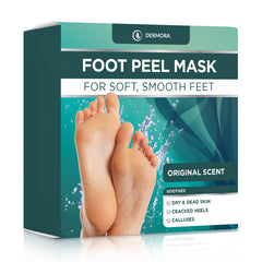 DERMORA Foot Peel Mask packaging shows two-pack box for at-home care