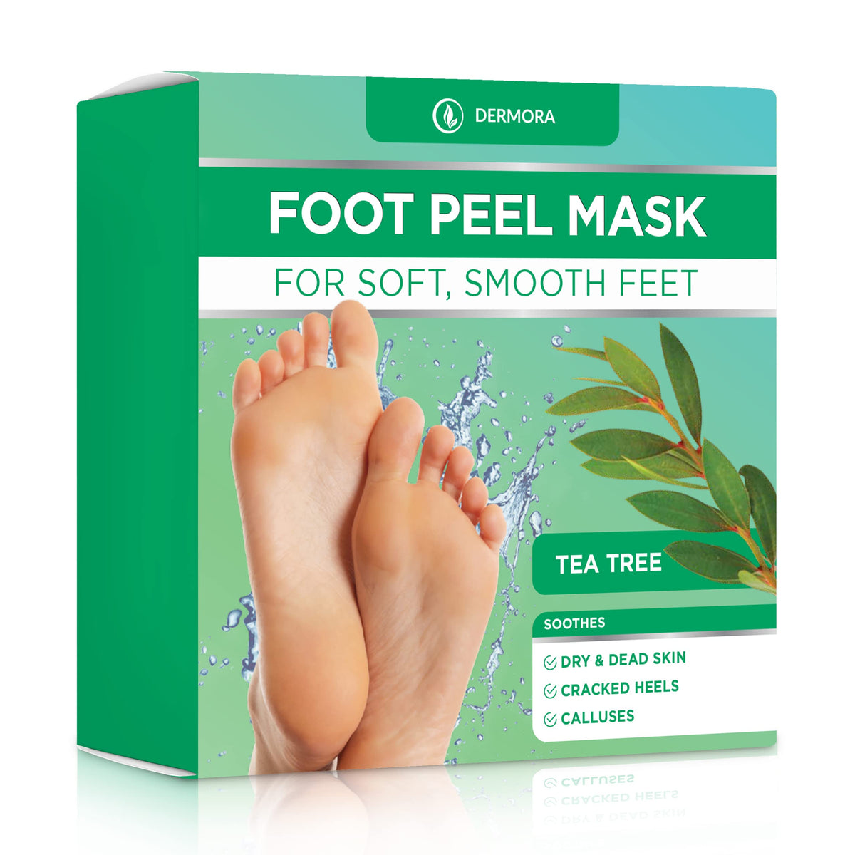 DERMORA Foot Peel Mask worn with socks-on for at-home exfoliation and softening.