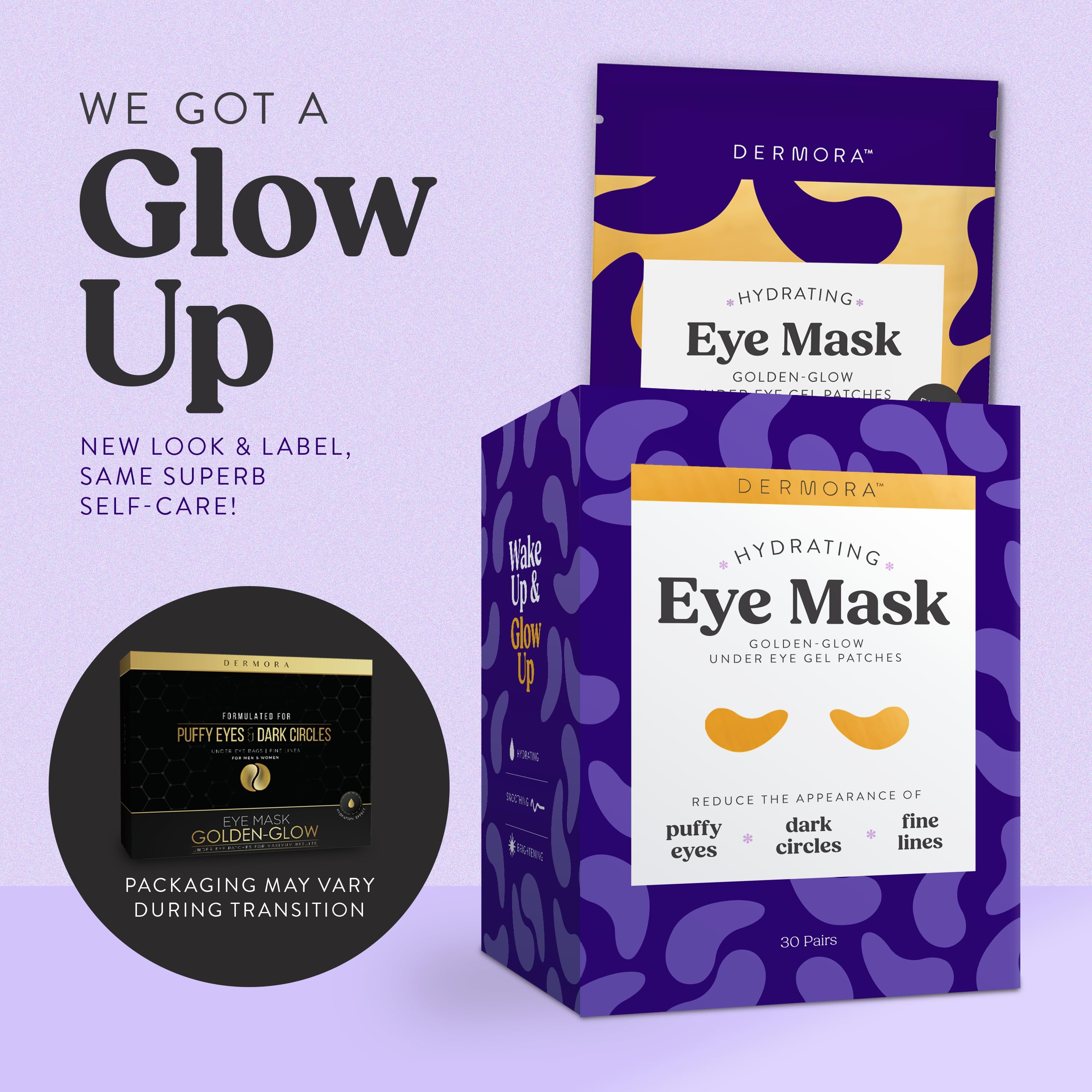DERMORA Golden Glow eye patches, 30 pairs for long-lasting use.