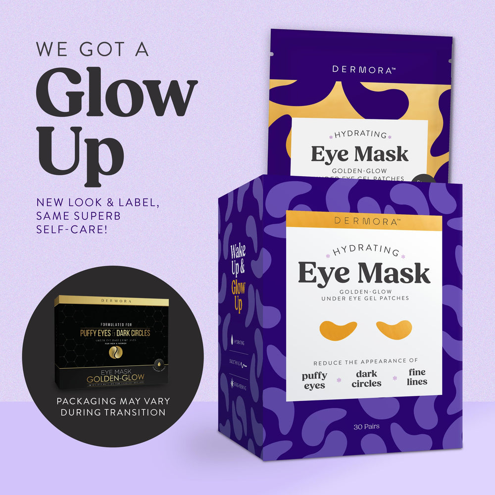 DERMORA Golden Glow eye patches, 30 pairs for long-lasting use.