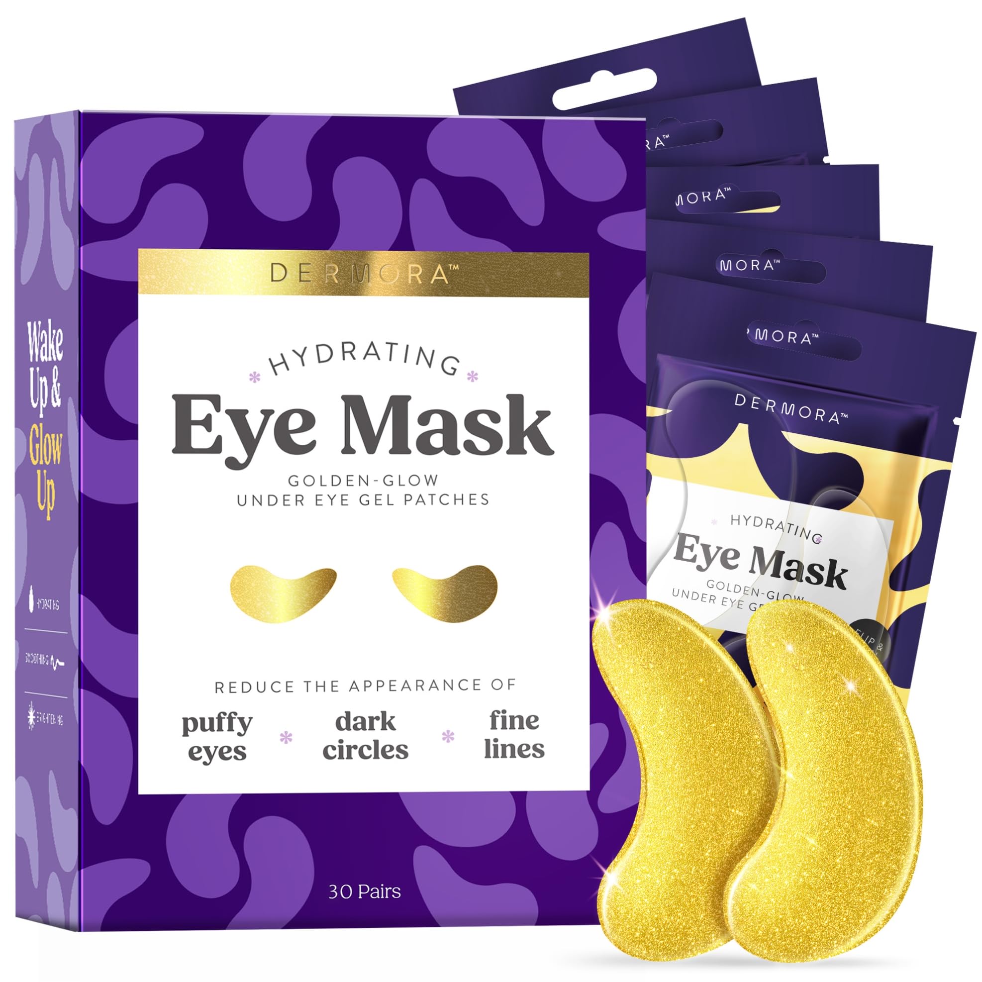 DERMORA Golden Glow eye patches packaging for travel convenience.