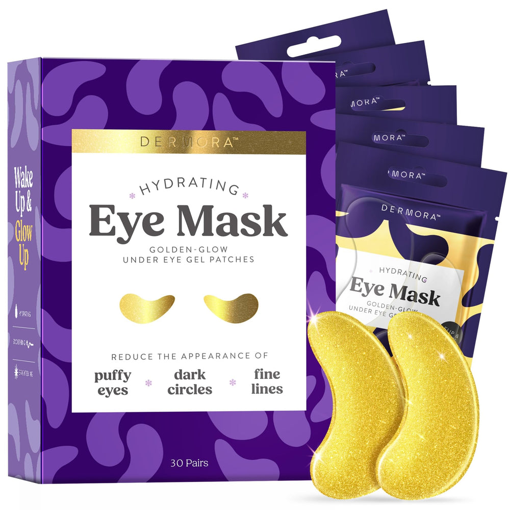 DERMORA Golden Glow eye patches packaging for travel convenience.