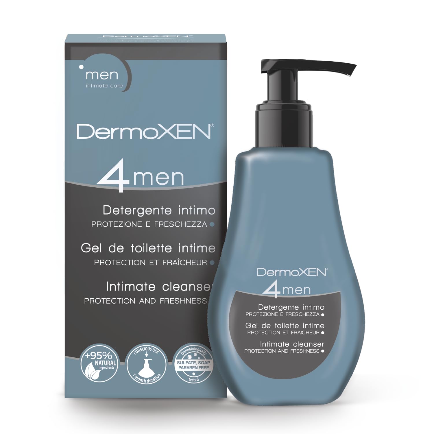 DERMOXEN 4Men bottle pour demonstrates menthol fresh cleansing for daily use