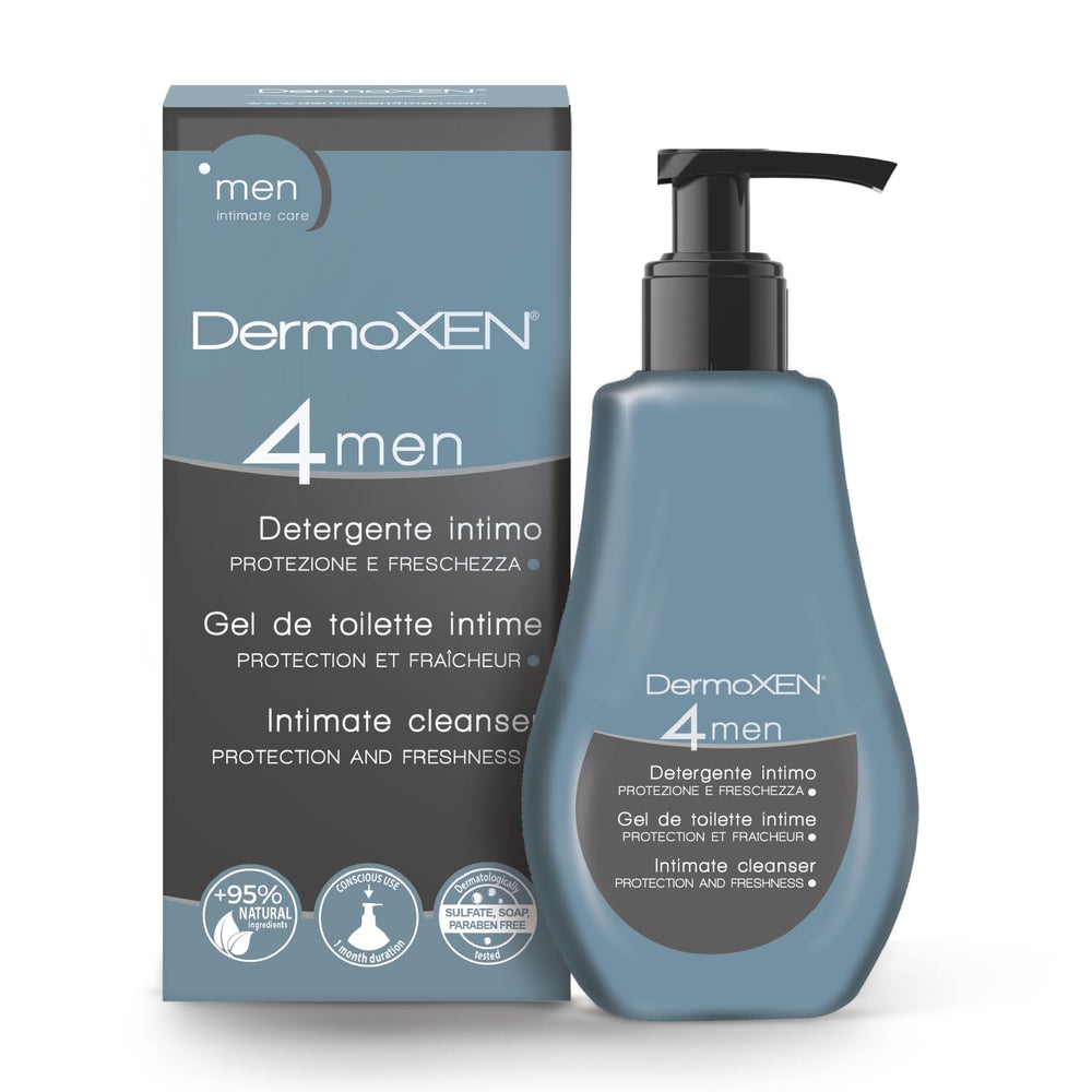 DERMOXEN 4Men bottle pour demonstrates menthol fresh cleansing for daily use