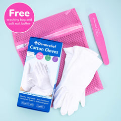 Dermrelief cotton gloves large size shown on hand for comfortable fit.